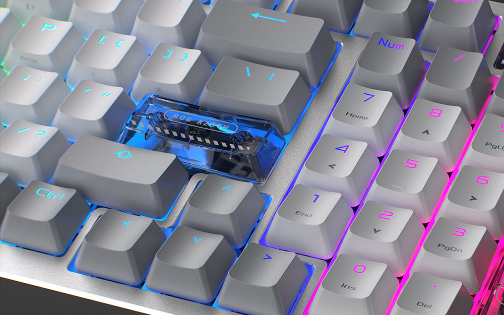 Additional translucent ROG-themed keycap detail on the Azoth 96 HE