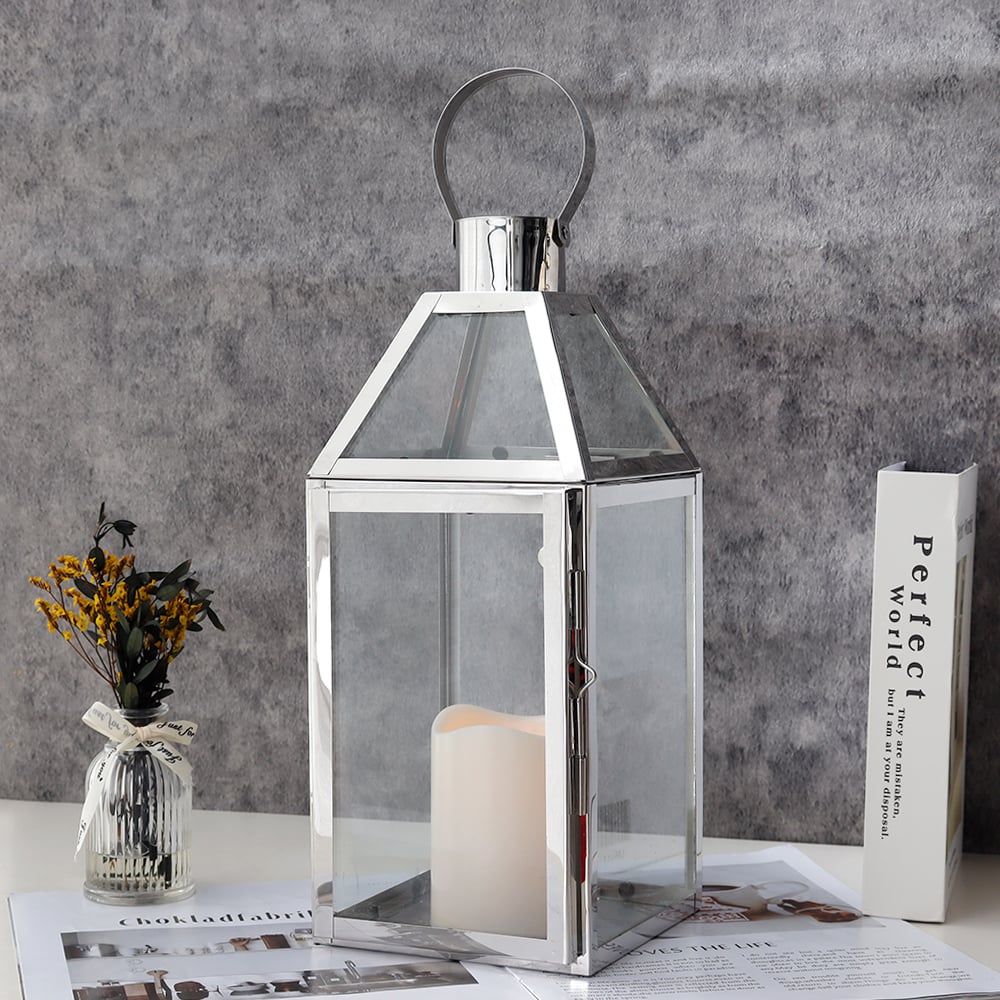 Silver Decorative Lanterns 16 Inch Stainless Steel Candle Lanterns Tempered  Glass For Indoor Outdoor Events Parities Weddings - Candle Holders -  AliExpress