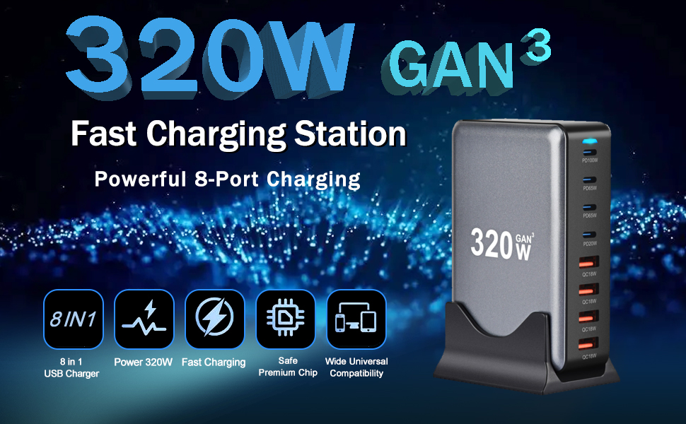 320W GaN III 8 Ports USB C Fast Charging Station