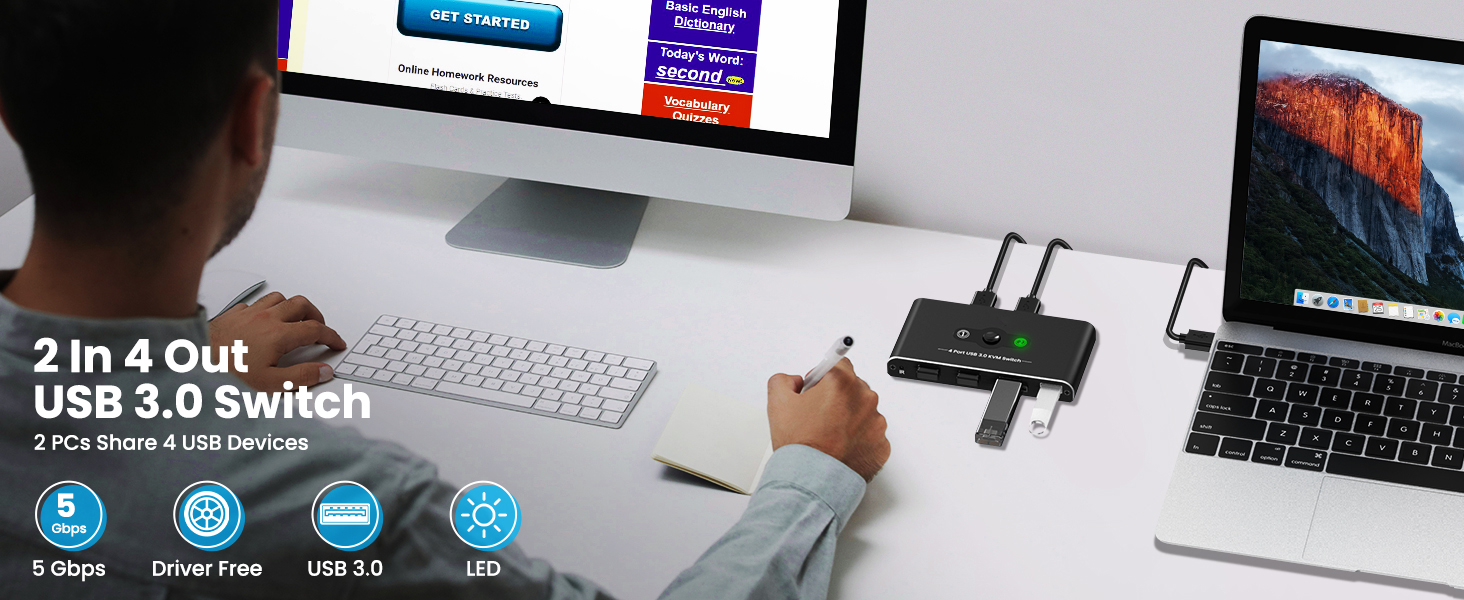 4 Port USB 3.0 Switch, USB 3.0 Switch 2 Computers Sharing 4 USB Devices, 5Gbps High-speed, 2 in 4 ou