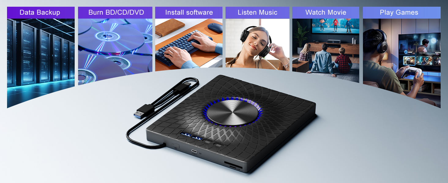 External Blu-ray Drive, 7-in-1 External DVD Drive with 2 USB A & 2 USB C Ports