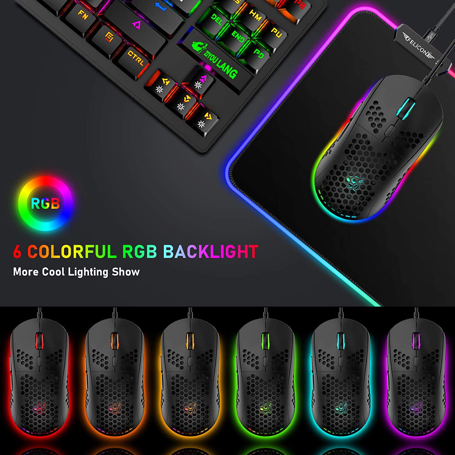 96G Programmable Gaming Mouse with Lightweight Honeycomb Shell,6400 DPI Laser Sensor,RGB Rainbow Bac