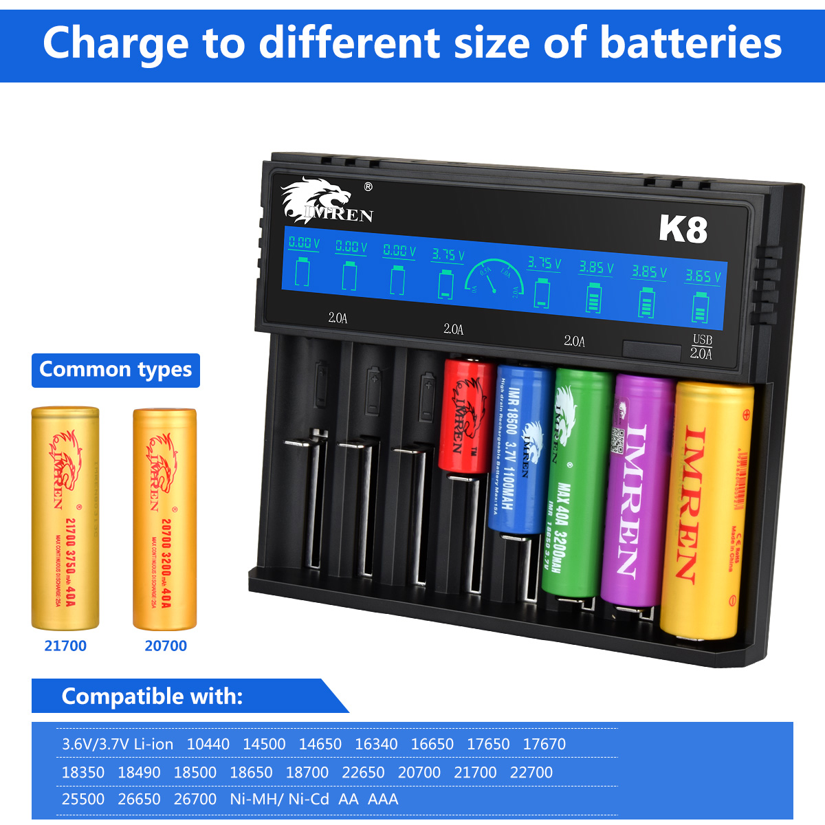 2 Bay IMREN 18650 Battery Charger for 3.7V Li-ion Rechargeable Battery 18650 18490 18350 17670 17500 16340 14500 21700 Lithium Battery 