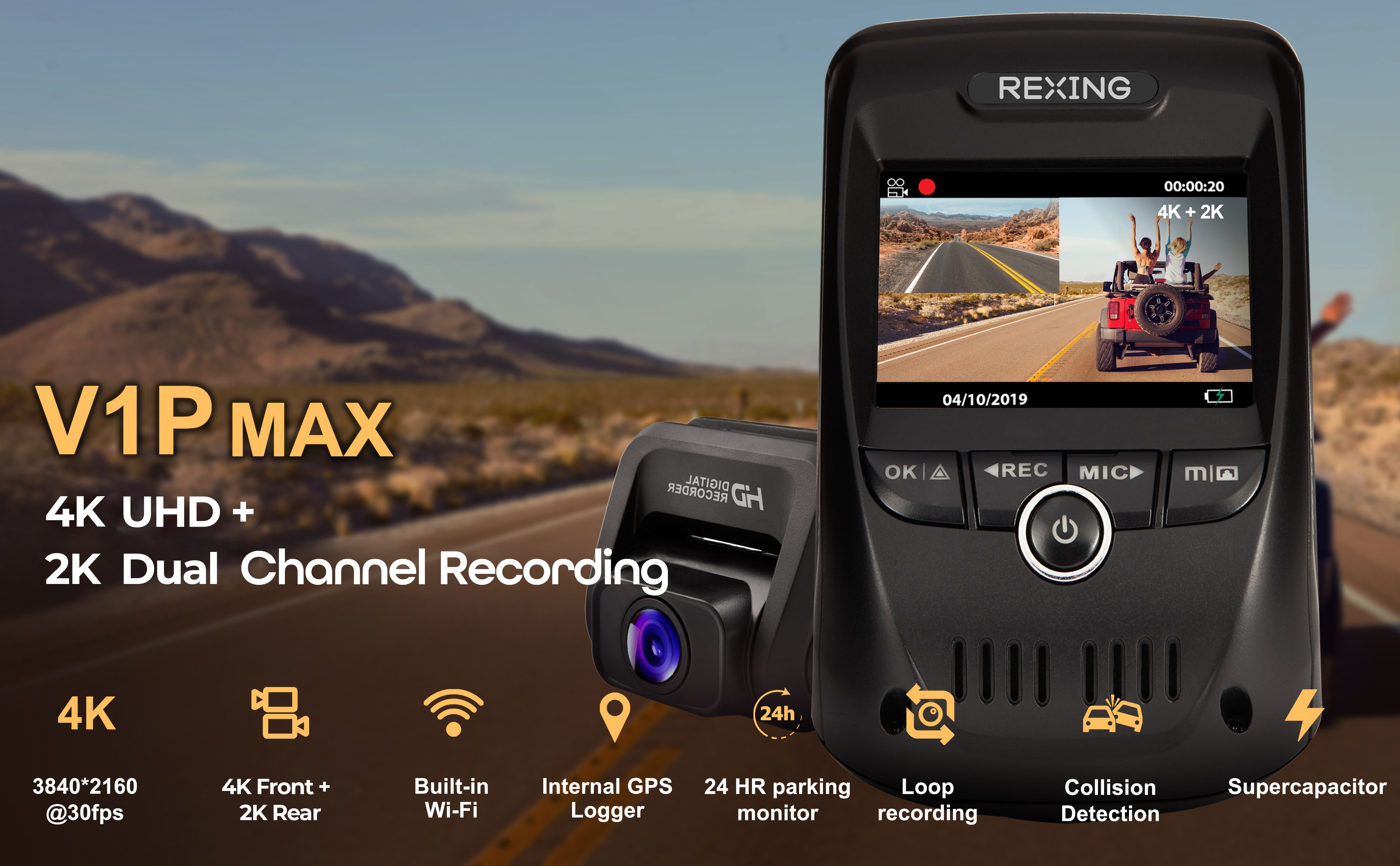 REXING V1P MAX 4K UHD Dual Channel Dash CAM, 3840X2160 Front+1080p