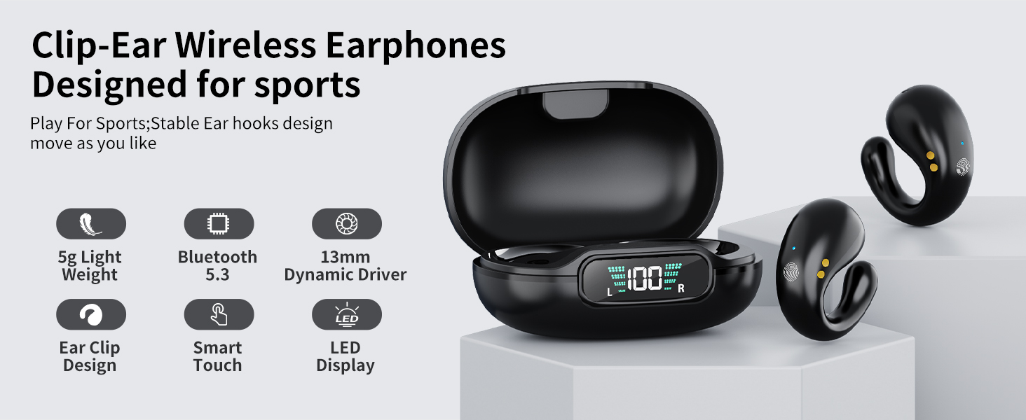 Open Ear Clip Headphones, True Wireless Earbuds Bluetooth 5.3