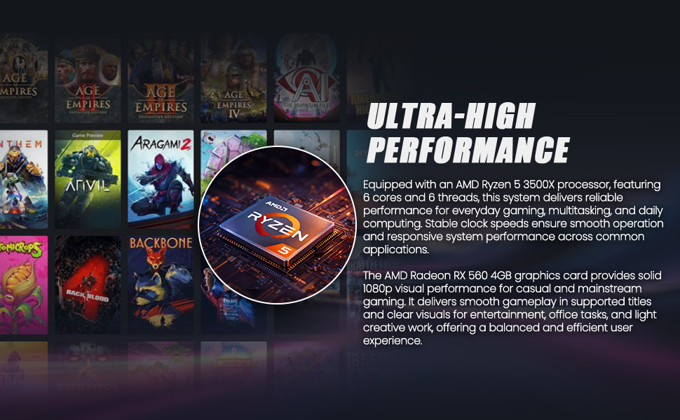 Suevery Gaming PC Desktop - AMD Ryzen 5 3500X, Radeon RX 560, 16GB DDR4 RAM, 512GB NVMe SSD, WiFi 6