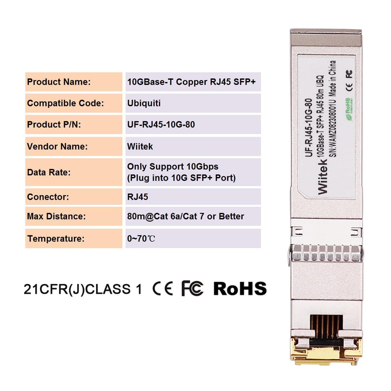 Wiitek SFP+ to RJ45 Modules, 10GBase-T SFP+ Copper Transceiver Compatible for Ubiquiti UF-RJ45-10G,
