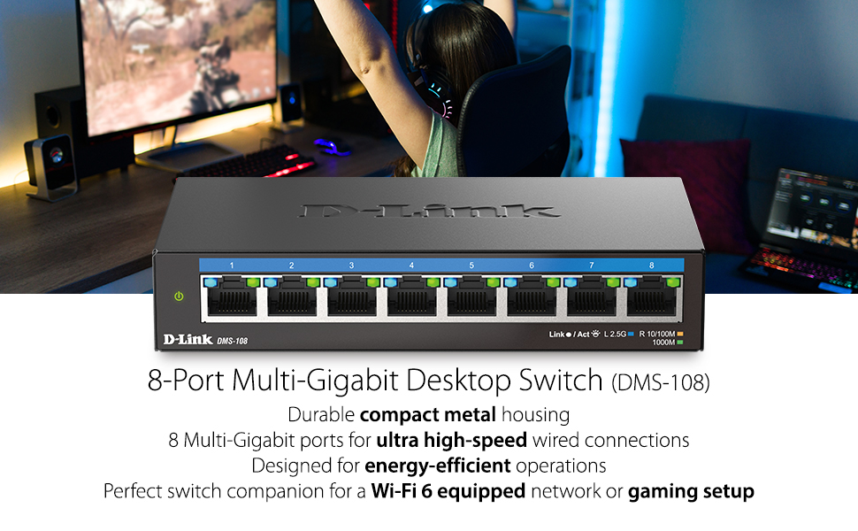 D-Link Link 8 Port Multi-Gigabit 2.5Gb compact metal high speed unmanaged desktop gaming switch
