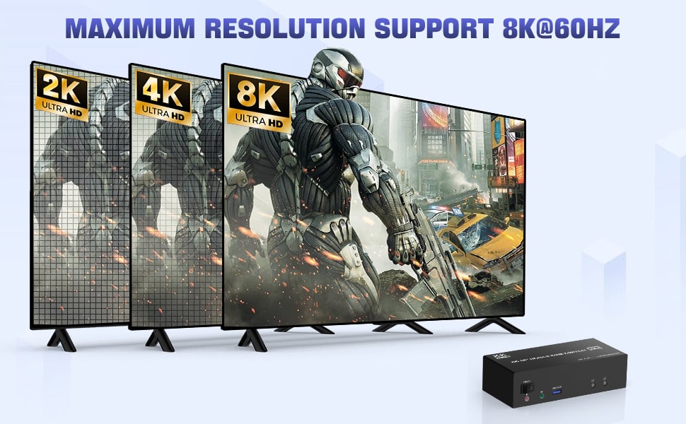 8K@60Hz UHD Resolution  This kvm switch 3 monitor supporting high resolution max up to 8K@60Hz, and