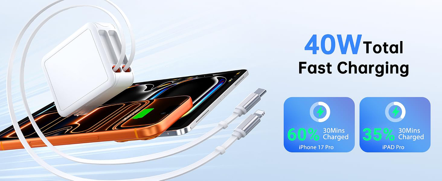 4-in-1 Retractable USB C Wall Charger, Fast Charging USB C & Light-ning Cable USB C & USB A Ports, 4