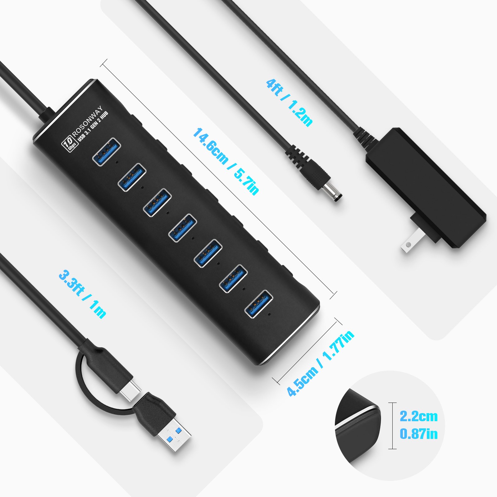 Rosonway USB Hub 3.0 Powered Aluminum 7 Ports USB 3.0 Data Hub Splitter  with 24W (12V/2A) Power Adapter and Individual On/Off Switches USB Port