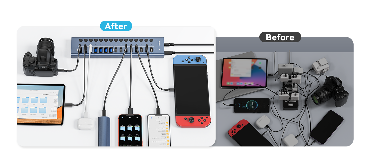 Powered USB 3.2 Hub, 16 Ports USB 3.2 Hub (8 USB-A 3.2 Ports + 8 USB-C 3.2 Ports), Aluminum USB Hub