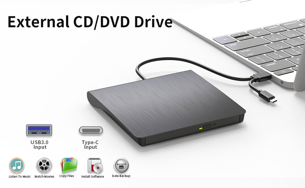 External CD/DVD Drive,High-Speed USB 3.0 & Type-C External DVD Drive, Slim Portable Burner Writer Pl