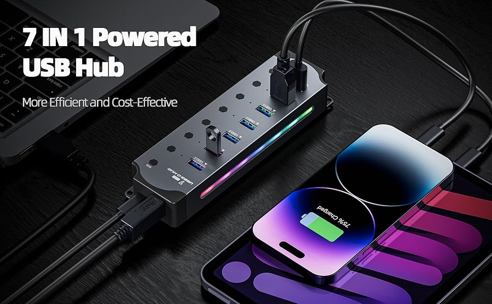 7-in-1 RGB USB 3.0 Hub: The seven ports function as both data ports and charging ports