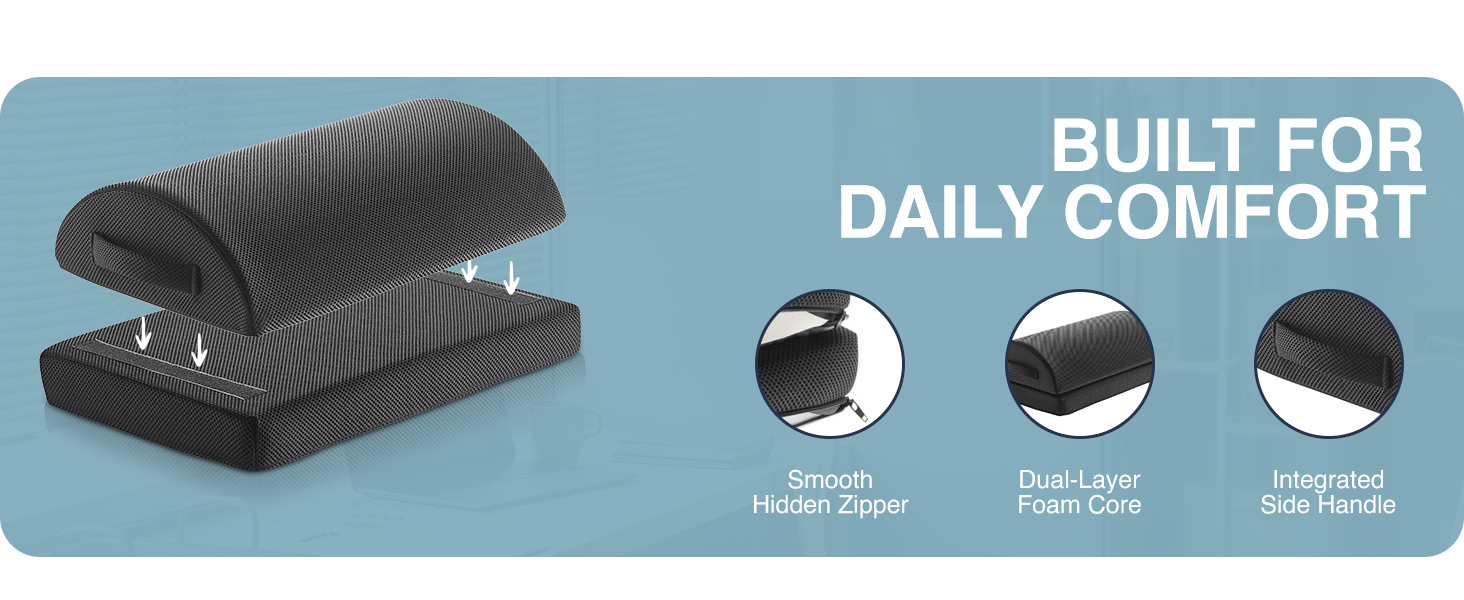 memory foam footrest, ergonomic footrest, under-desk footrest, desk footrest, rocking footrest