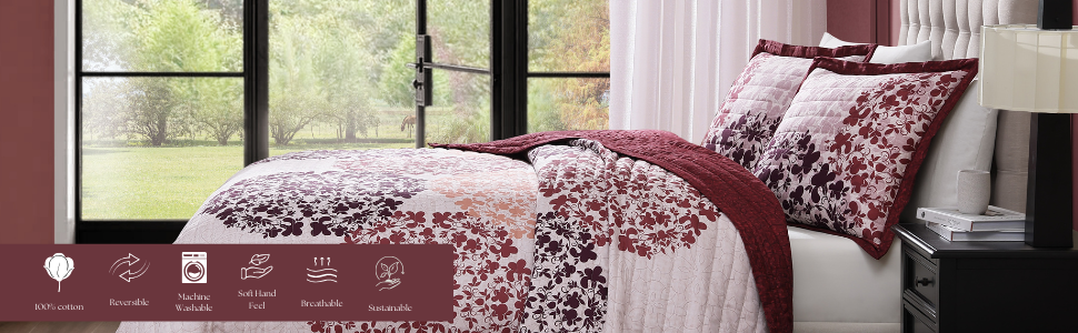 Bebejan Rosewood Harmony 100% Cotton Sateen 3 Piece Reversible Quilted Coverlet Set