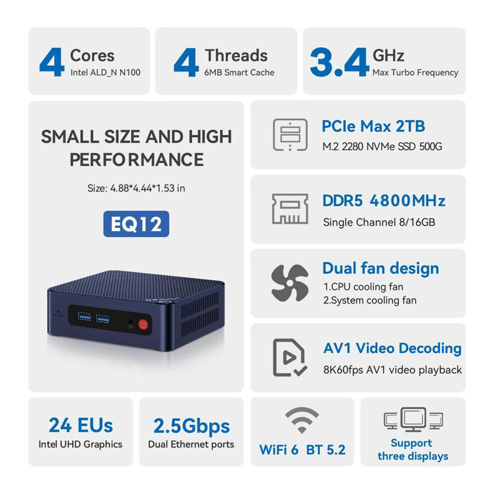 Beelink EQ12 - Mini PC con Windows 11 Pro, Intel N100, UHD 4K, 16 GB DDR5,  500 GB NVMe, Wi-Fi 6 AX, 2x 2.5G Ethernet, 2x HDMI