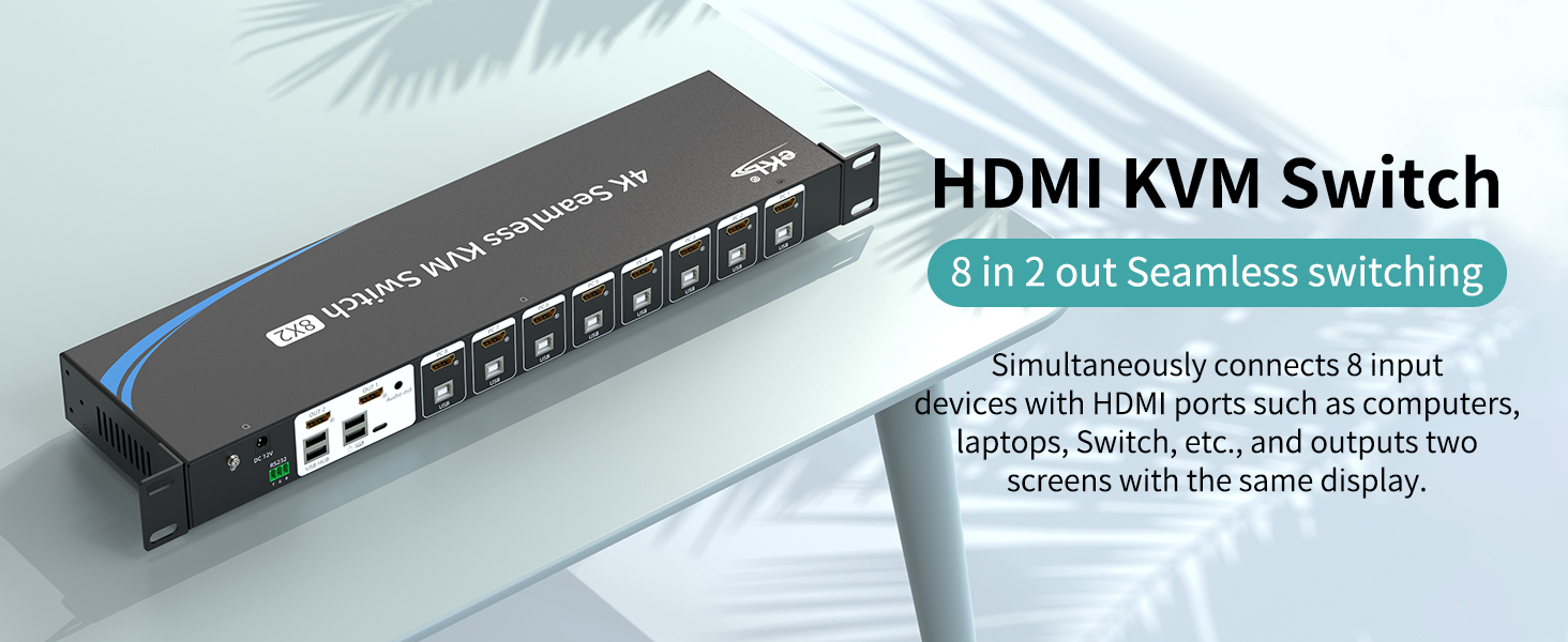 IHDAPP 8 Port Real Seamless Switching HDMI KVM Switch 8 Computers 4K@30Hz 1U Rack Mount, 8 in 2 Out