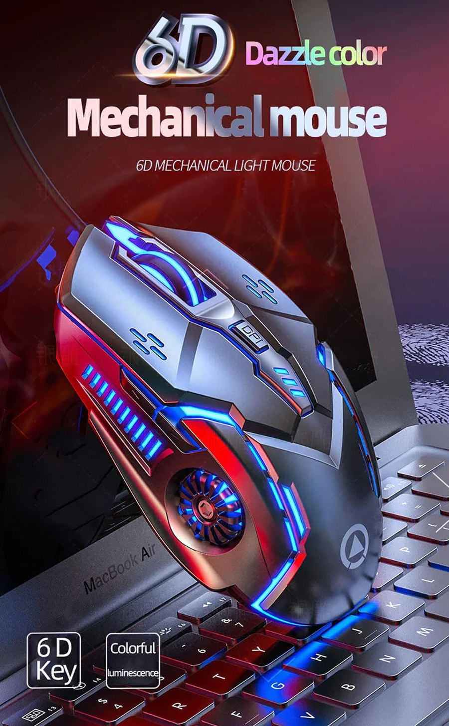 6 Keys Wired Gaming Mouse & Fire Button, Red Blue Colors Led Breathing, Adjustable DPI up to 3200 DP