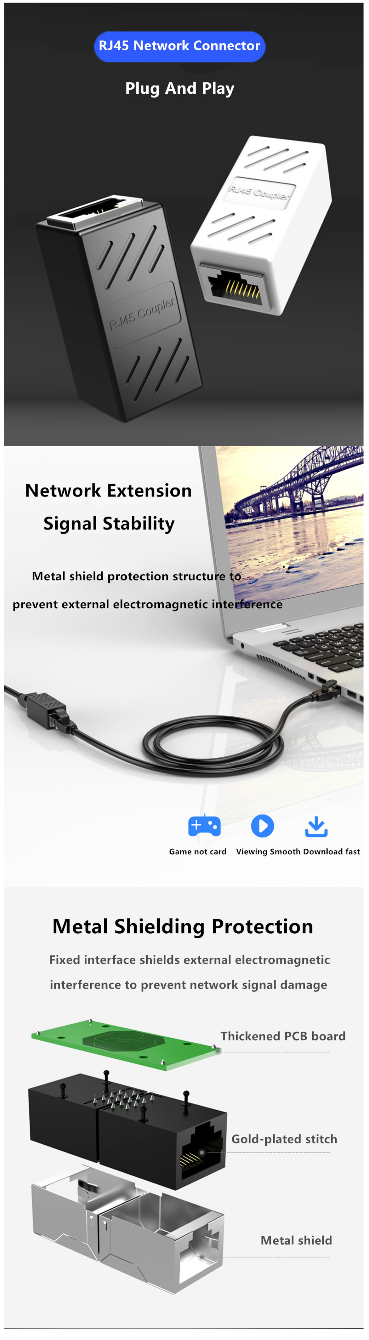 thumbnail image 2 of PLUSPOE RJ45 Coupler 2-Pack - Ethernet Cable Extender For Cat5 Cat6 Cat7 Network Cables 2 of 11