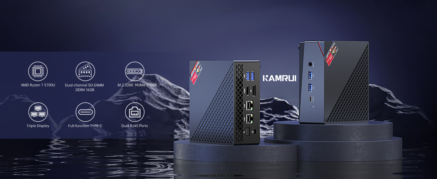 KAMRUI Mini PC Ryzen 7 5700U(8C/16T, up to 4.3GHz), Mini Computer 16GB DDR4  RAM 512GB M.2 2280 NVME SSD Mini PC Gaming, 4K Dual Display Mini Desktop