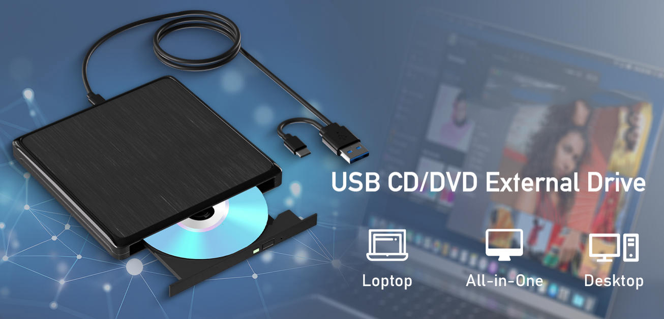 USB CD/DVD External Drive, USB 3.0 and Type-C External CD/DVD Drive for Laptop, CD ROM External Driv