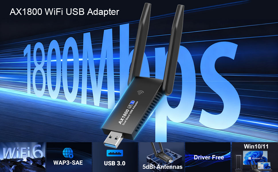 AX1800 USB WiFi 6 Adapter, Dual Band 2.4G/5G WiFi Dongle for Desktop PC, WPA3, MU-MIMO, OFDMA, Built