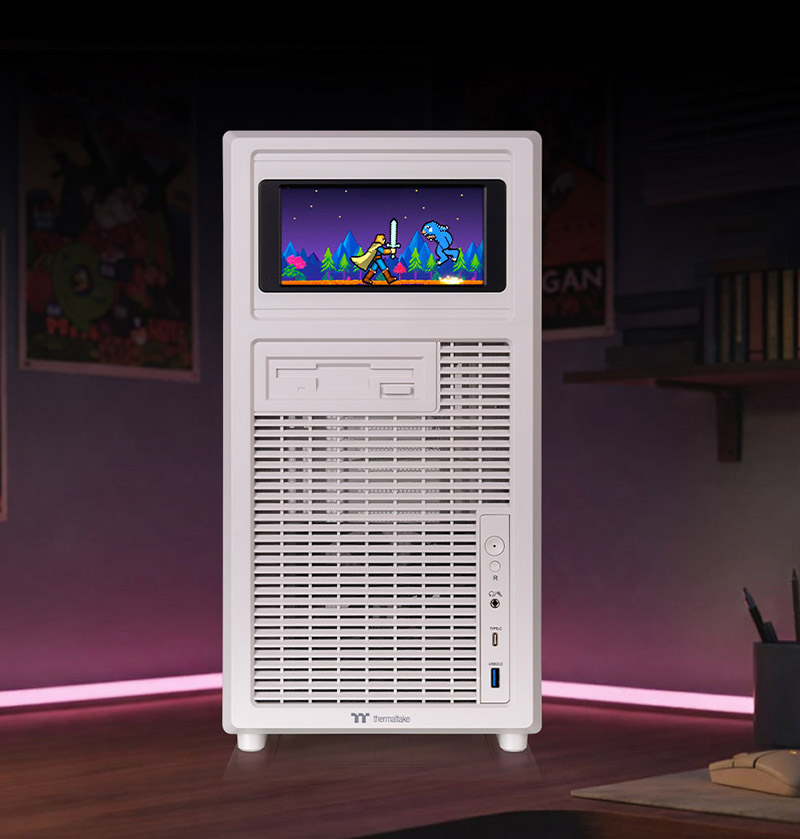 Thermaltake Retro 360 case with optional 6 inch LCD screen kit installed on front panel showing real-time system information