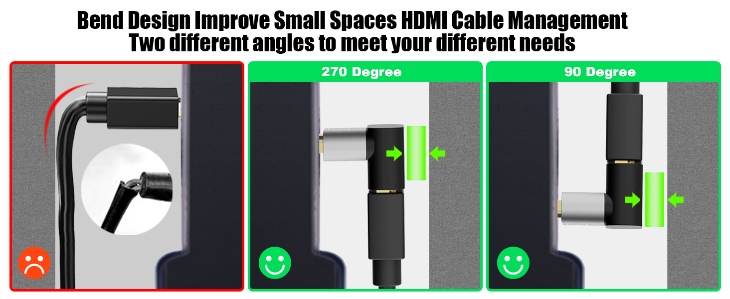 Bend design improbe small spaces HDMI cable management two different angles to meet different needs