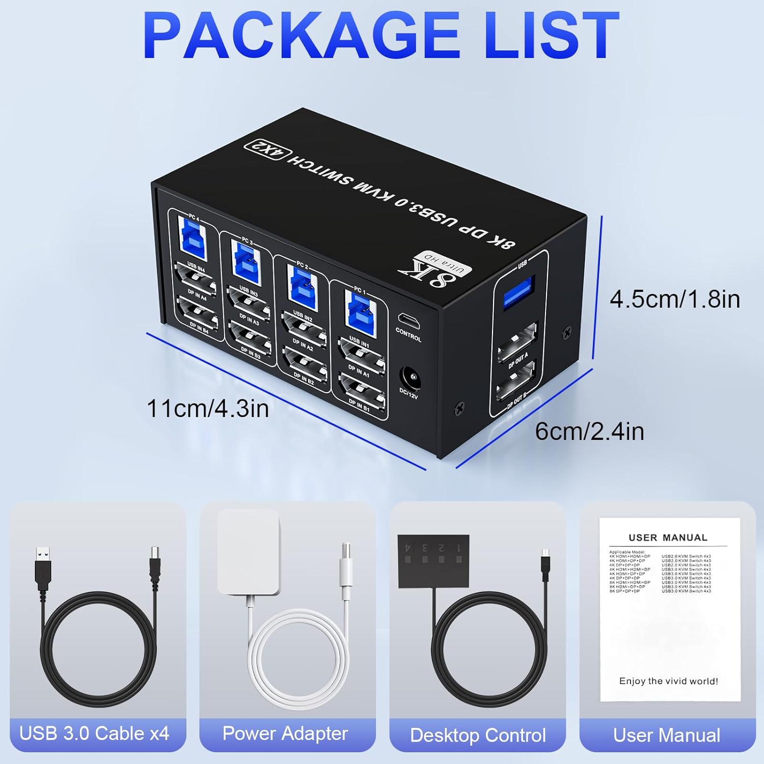 What You Get: 1x 4 Port 8K USB 3.0 DisplayPort KVM Switch, 4 x USB 3.0 Cables, 1x Power Adapter, 1x