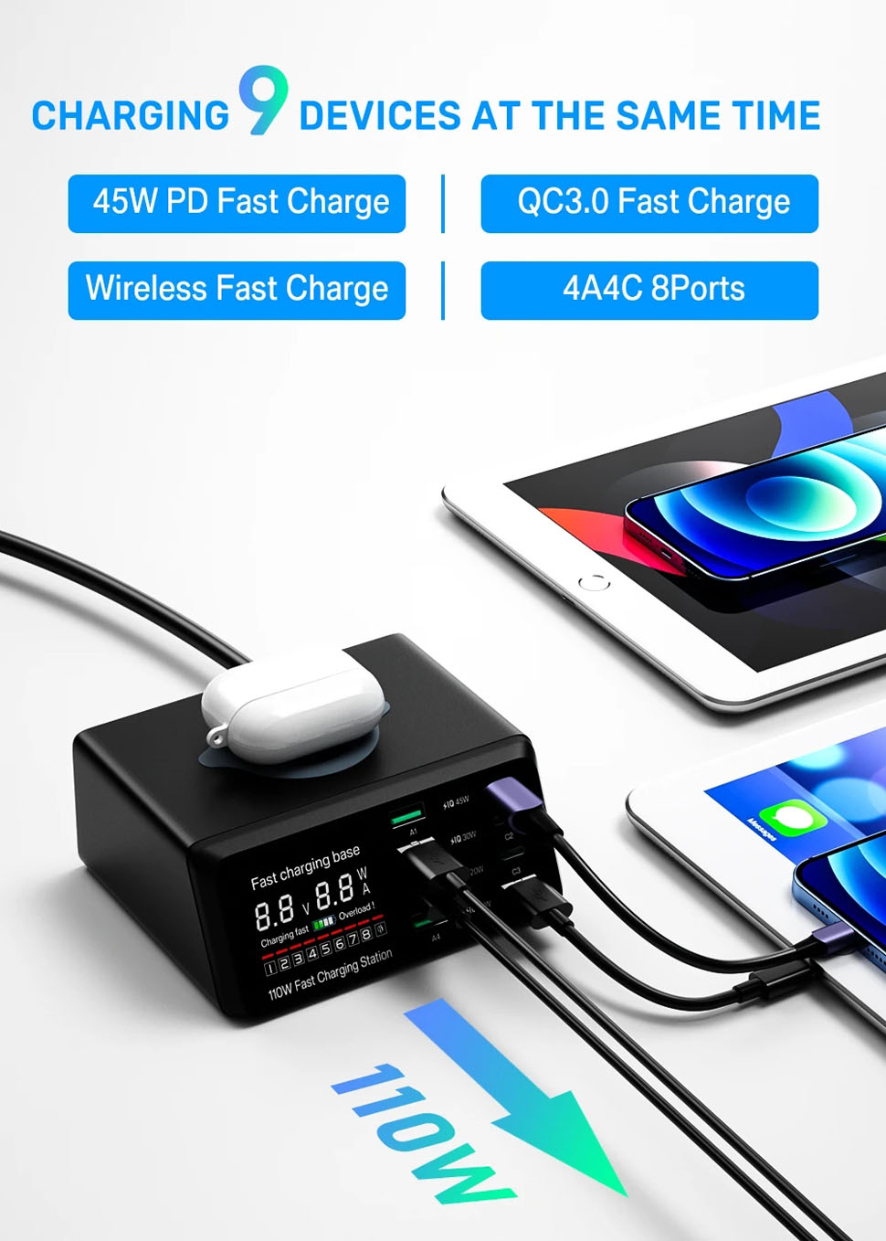 AUBEAMTO 110W 9 Port Digital LCD USB Charger Station