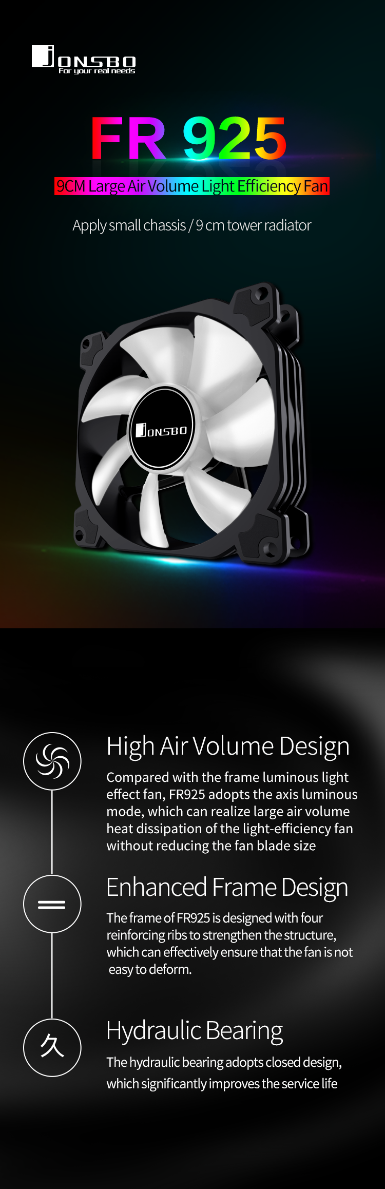 JONSBO FR925 ARGB Cooling Slient Fan, 9cm Large Air Volume Light ...