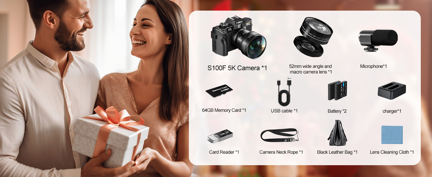 Full accessory kit with 64GB card, lens & mic, perfect photography gift