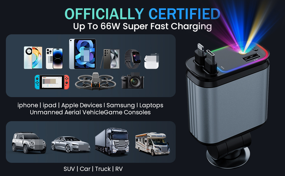 Car Charger with Starlight, 66W USB C Car Charger Adapter, 4 in 1 Retractable Car Charger
