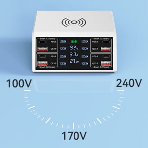 Multi-Port Charging Station  Wide voltage range of AC 110-240V suits for US and EU voltage. Suitable