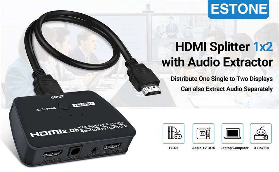 2-Port HDMI Splitter (1x2) - 4K 60Hz UHD HDMI 2.0 Audio Video Splitter w/  Scaler & Audio Extractor (3.5mm/SPDIF) - Dual HDMI Splitter (1-In 2-Out) 