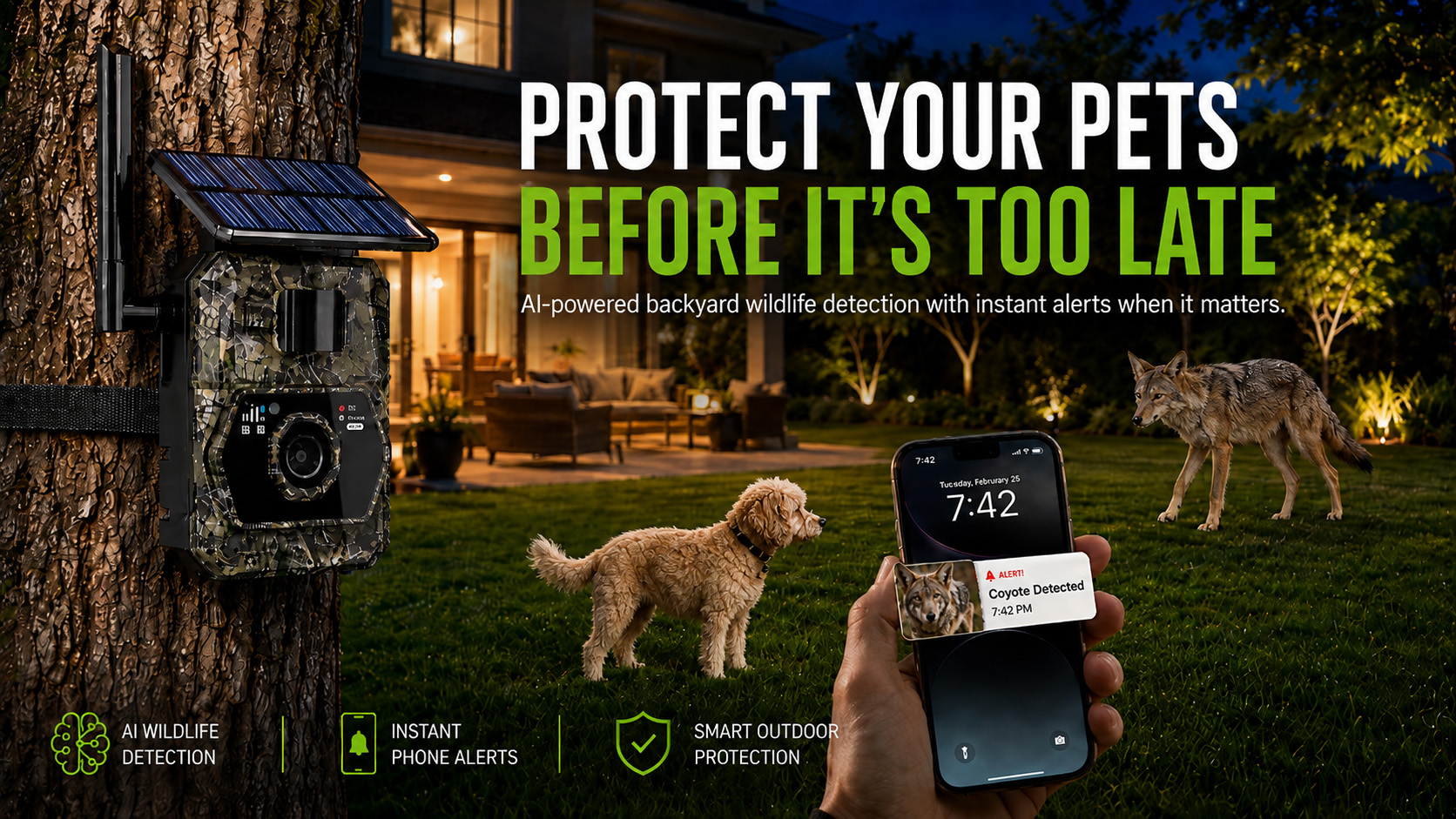 AI Backyard Security Camera, Wildlife Detection, Coyote Alert, Pet Protection