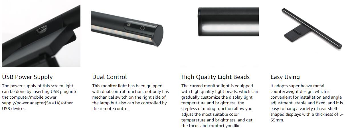 Monitor Light Bar with Mechanical Switch＆Wireless Remote Dual  Control,Computer Light with Stepless Dimming,No Screen Glare Monitor Lamp  with USB