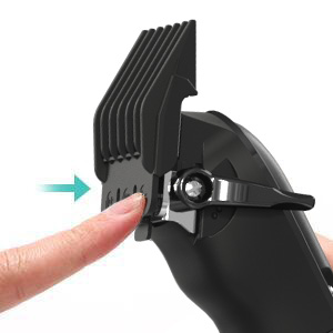 Step 1:Put the fuselage up Step 2:Push the hair limiting comb into the blade according to the direct