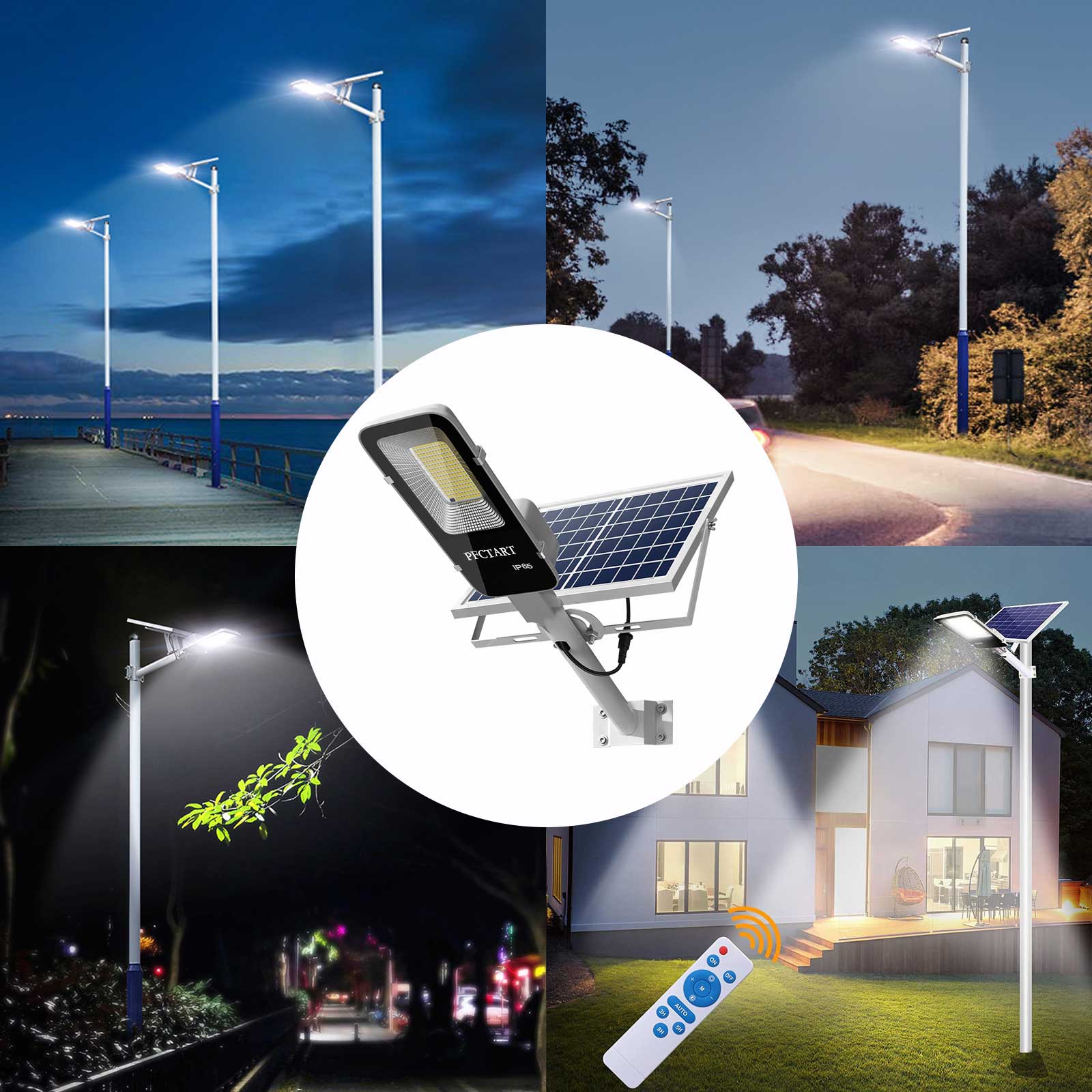 Solar Street Light Dusk to Dawn Road Lamp+Pole+Remote