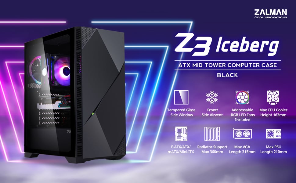 Zalman Z3 Iceberg ATX Mid Tower Gaming PC Case - E-ATX, ATX, mATX, Mini ...