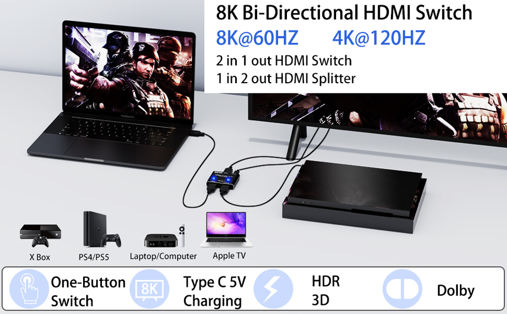 HDMI 2.1 Splitter Switch 8K 60Hz 4K 120Hz 2 in 1 out Bi-directional TV Xbox  PS5
