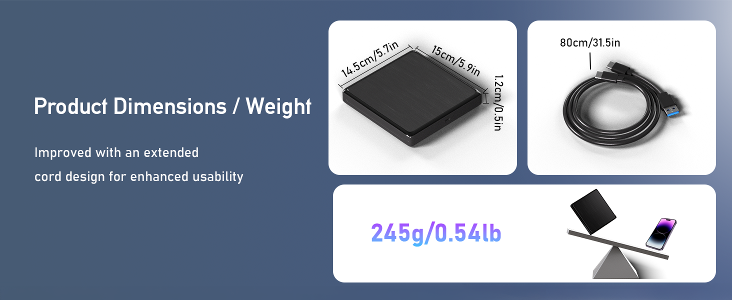 USB CD/DVD External Drive, USB 3.0 and Type-C External CD/DVD Drive for Laptop, CD ROM External Driv