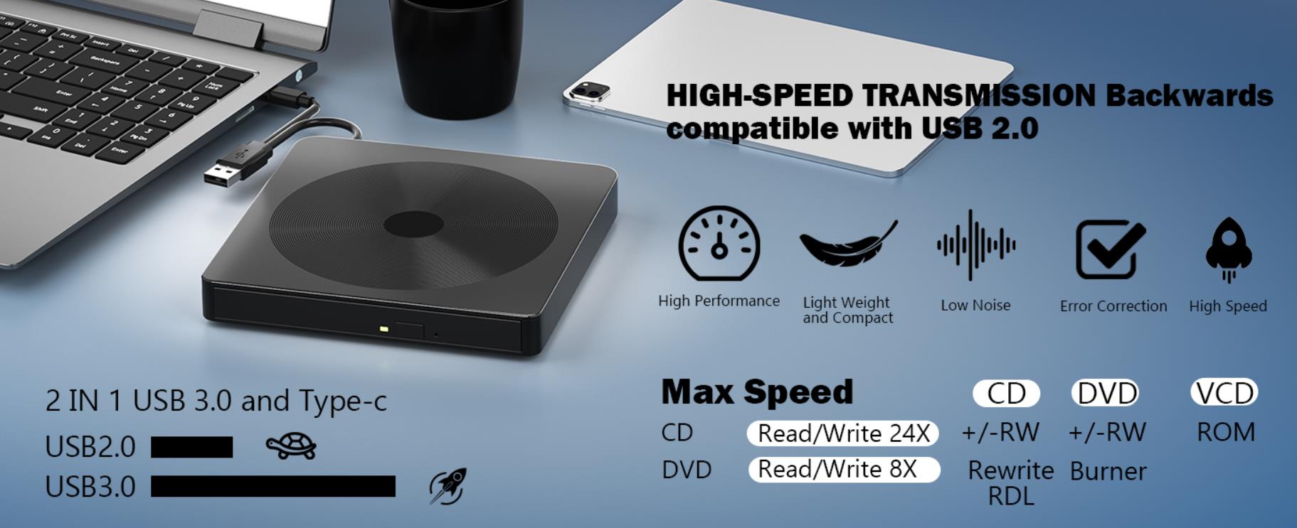 External CD/DVD Drive for Laptop, USB 3.0 & Type-C Portable DVD Player CD DVD Burner
