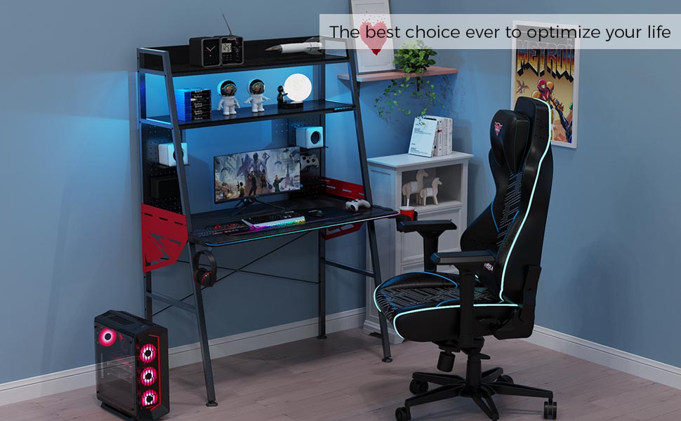 EUREKA ERGONOMIC 43 Inch Black RGB LED Gaming Ladder Desk, Home Office  Computer Desks for Small Spaces with 2 Tier Storage Book Shelves Pegboard  Organizer with Accessories Cup Holder Headphone Hook 