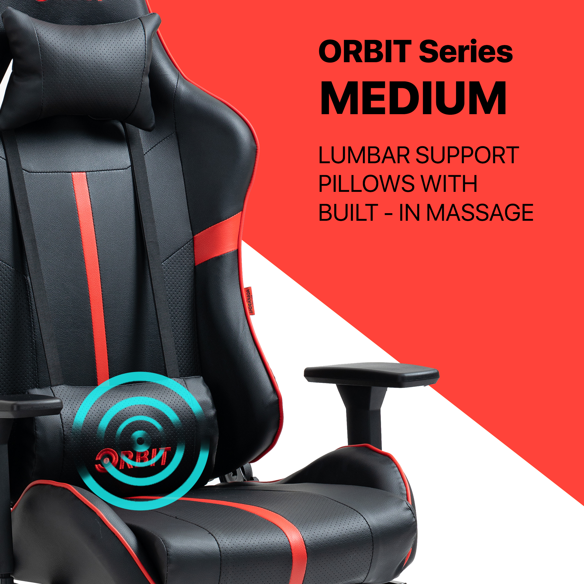 Both the headrest and lumbar massage pillows add an extra layer of comfort Orbit Series Gaming Chair