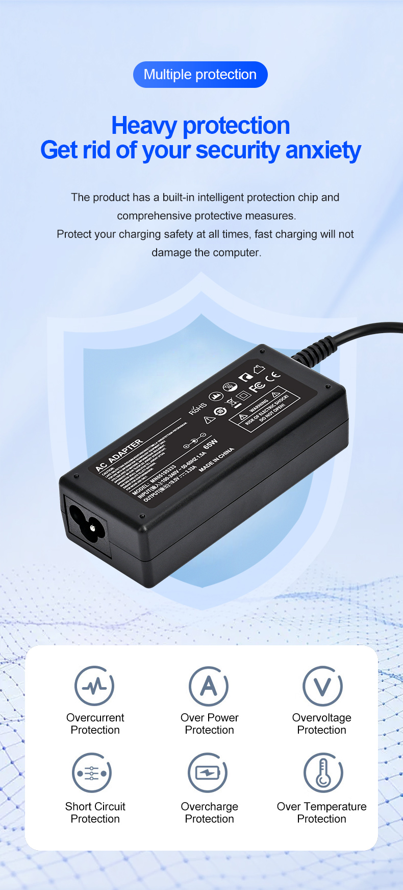 Dgkeyh Applicable to HP 65W Laptop Charger Adapter Parameters 19.5V3.33A Interface 4.5×3.0mm Blue