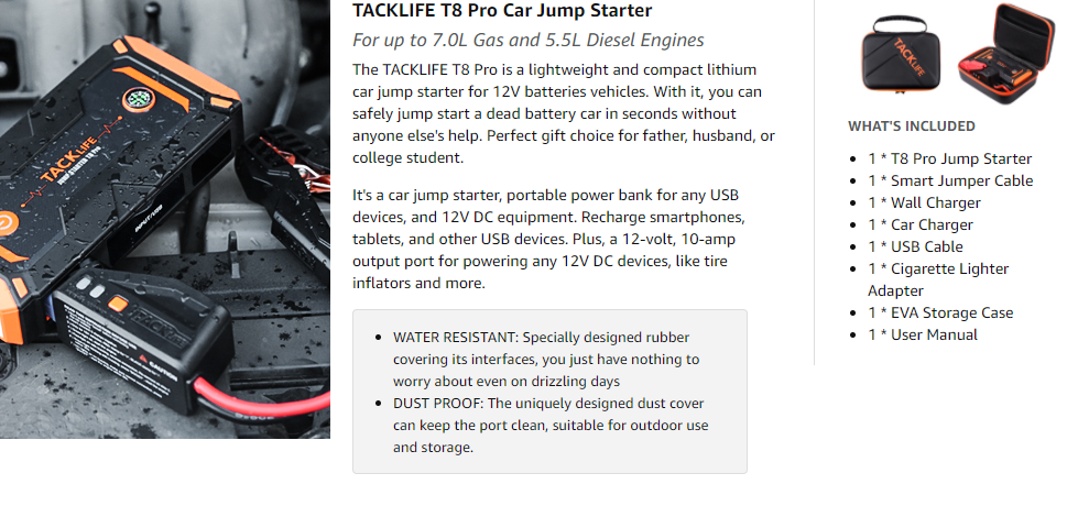 Tacklife Car Jump Starter T8 800A Peak 18000mAh Lithium Car Jump Starter w/  LCD Screen.12V Auto Battery Booster