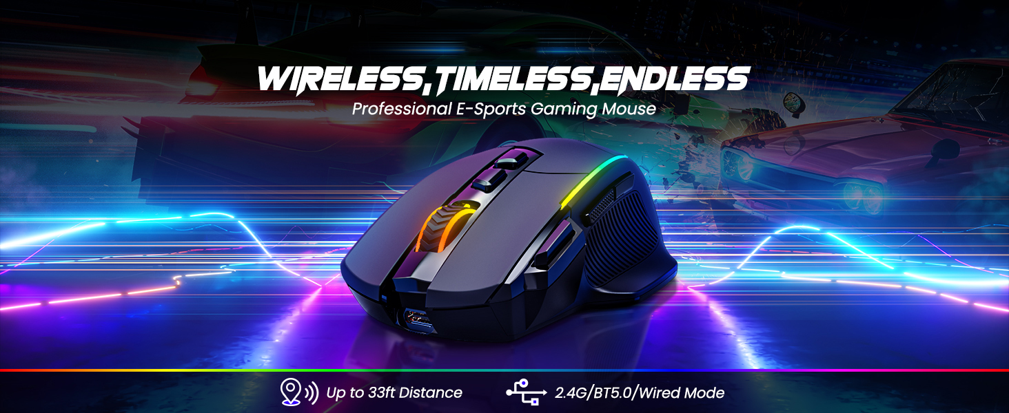 Wireless Gaming Mouse, Tri-Mode 2.4G/USB-C/Bluetooth Wireless Mouse, Up to 10000DPI, Chroma RGB Back