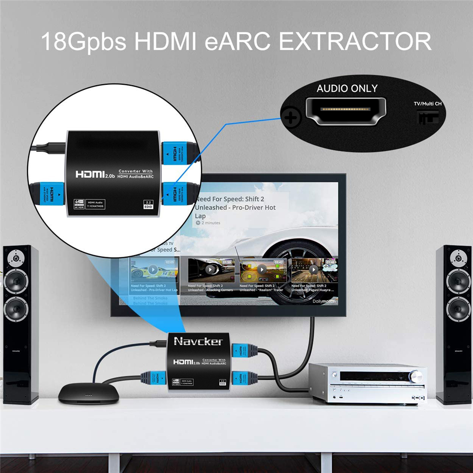 Jansicotek 4K 60Hz HDMI eARC Audio Extractor Splitter ARC HDMI Audio Extractor 18Gbps LPCM 7.1 HDCP For HDTV Amplifier Speaker Audio/Video Splitters -